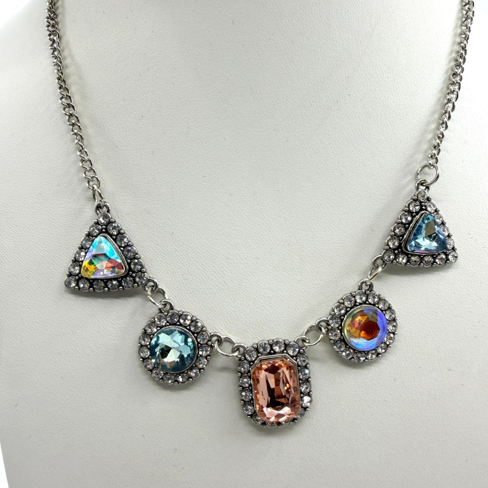 Radiant Multi-Stone Statement Necklace Silver Tone Boho Festival Jewelry Gift